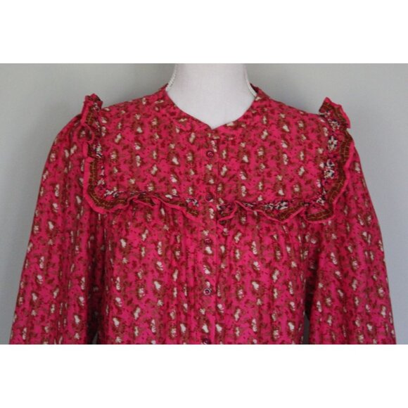 JOIE Boho Prairie Peasant Blouse Bright Pink Ruffled Top, Size  L Large - Picture 2 of 10